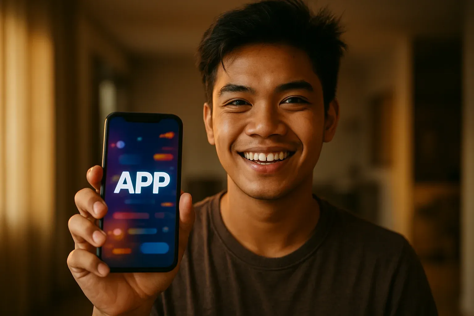 Smiling young Filipino man holding smartphone with colorful gaming app screen