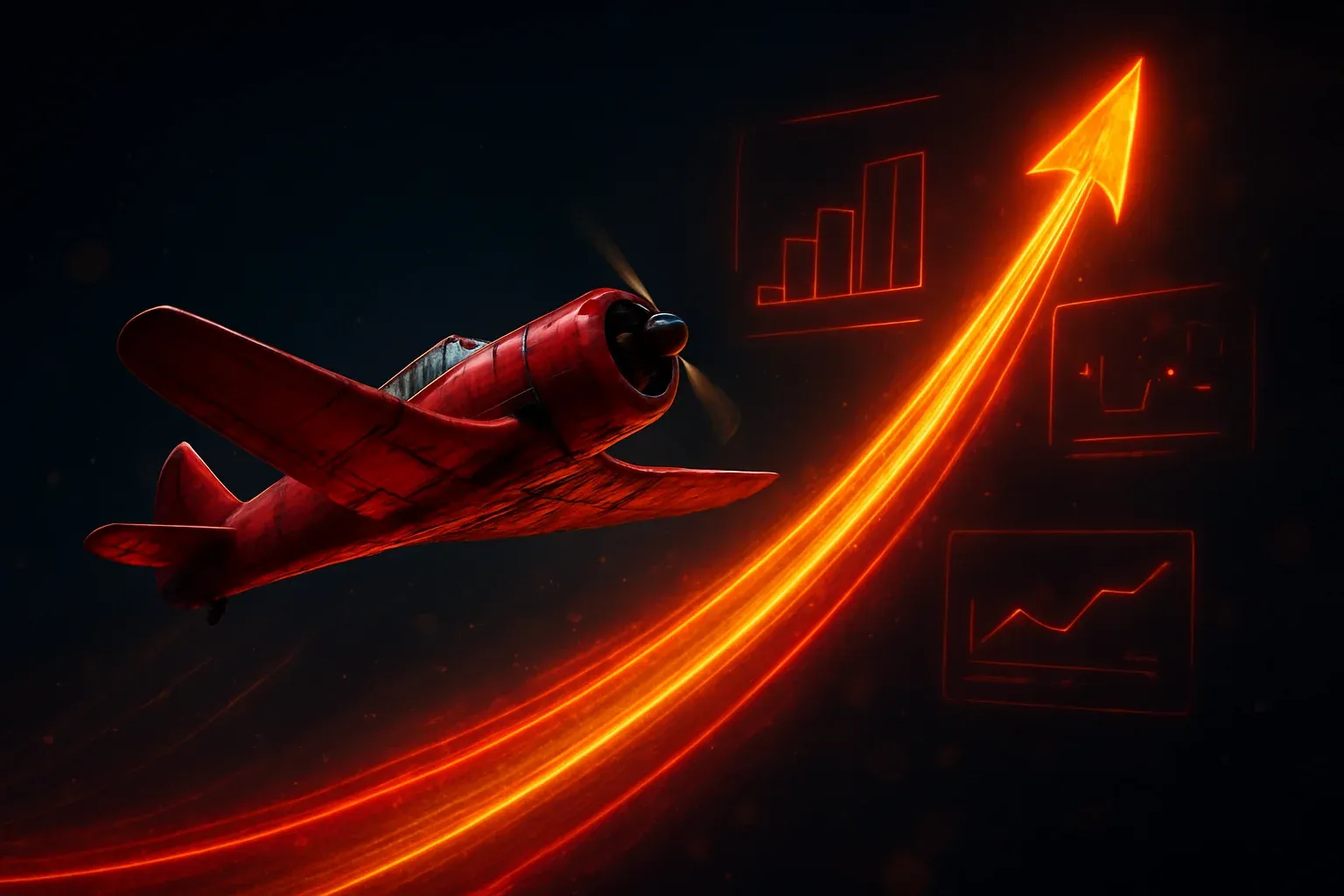 Hyperrealistic red aviator plane soaring upward with neon multiplier trail