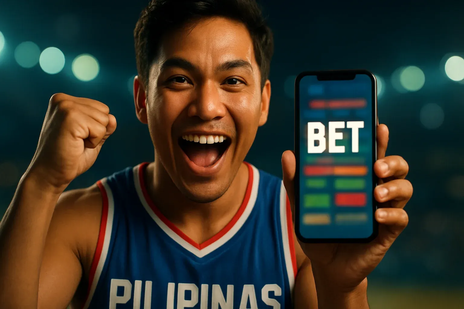 Excited Filipino man holding smartphone with sports betting screen and BET text