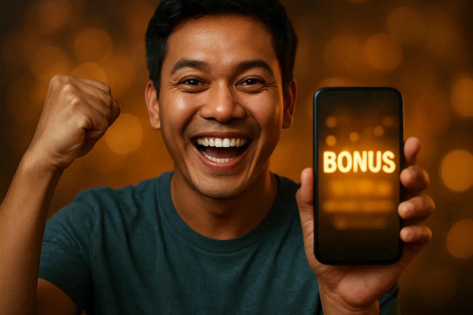 Joyful young Philippines man holding smartphone showing BONUS reward interface