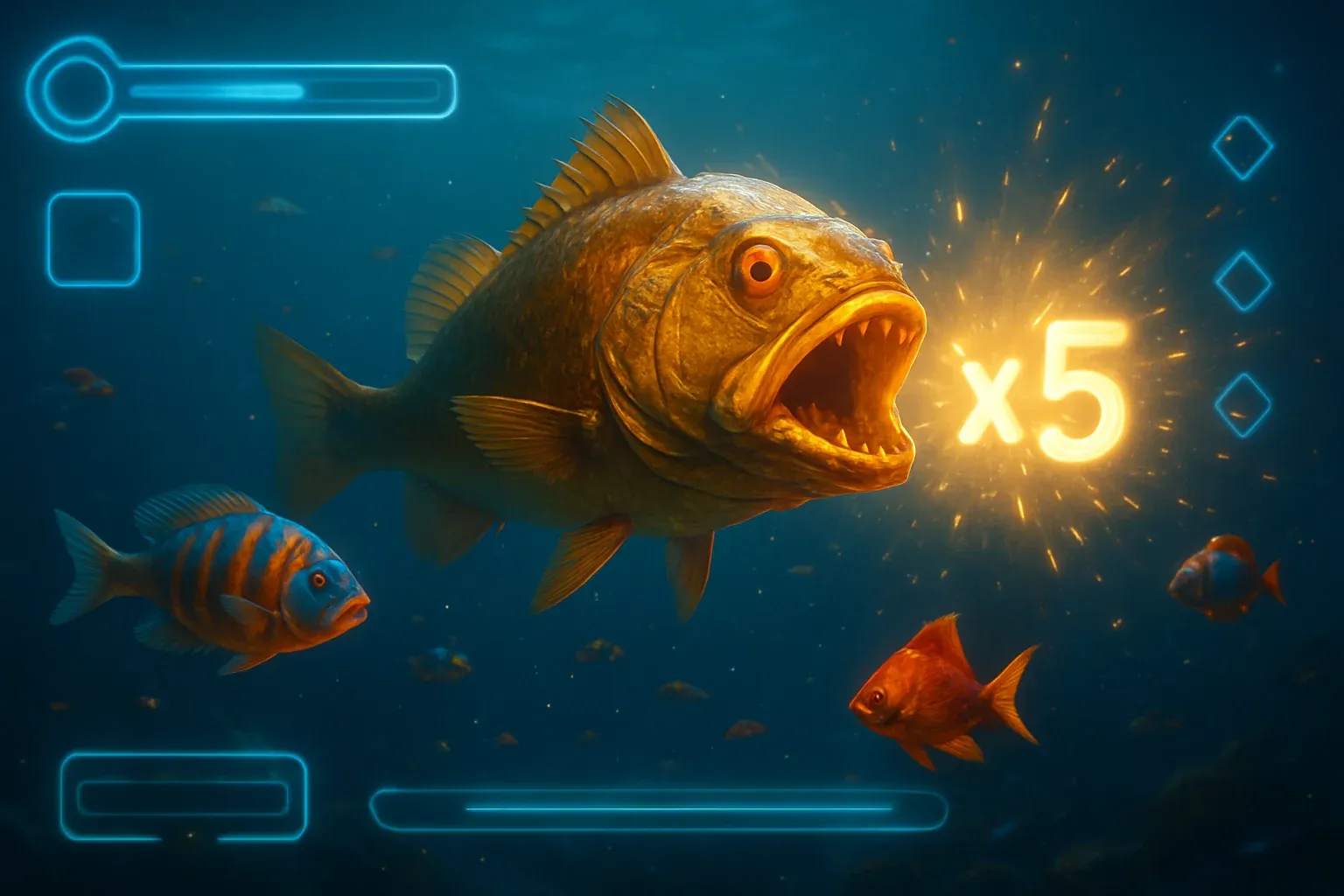 Glowing tropical fish and golden boss fish in underwater arcade scene