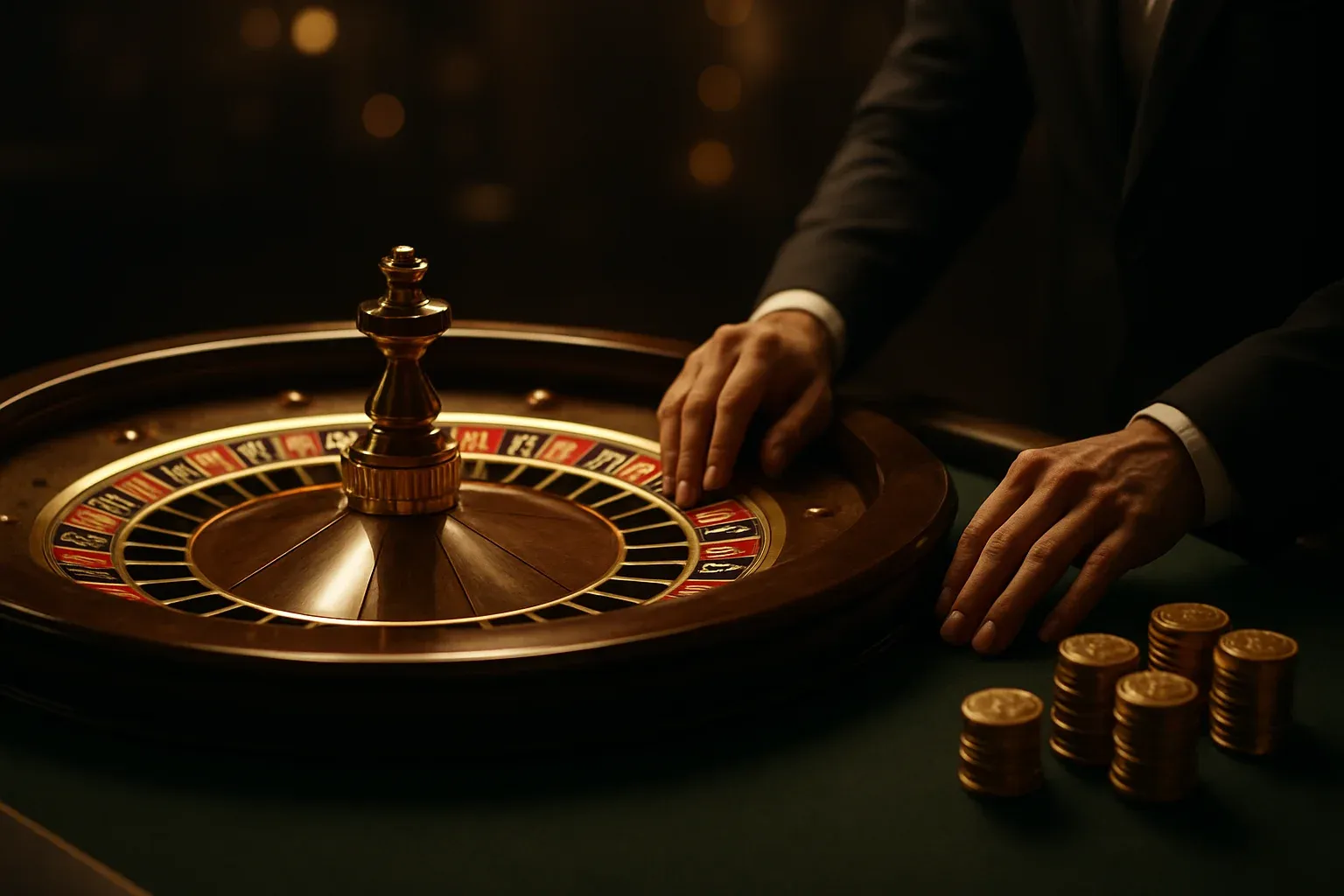 Elegant live casino roulette table with dealer hands and golden chips