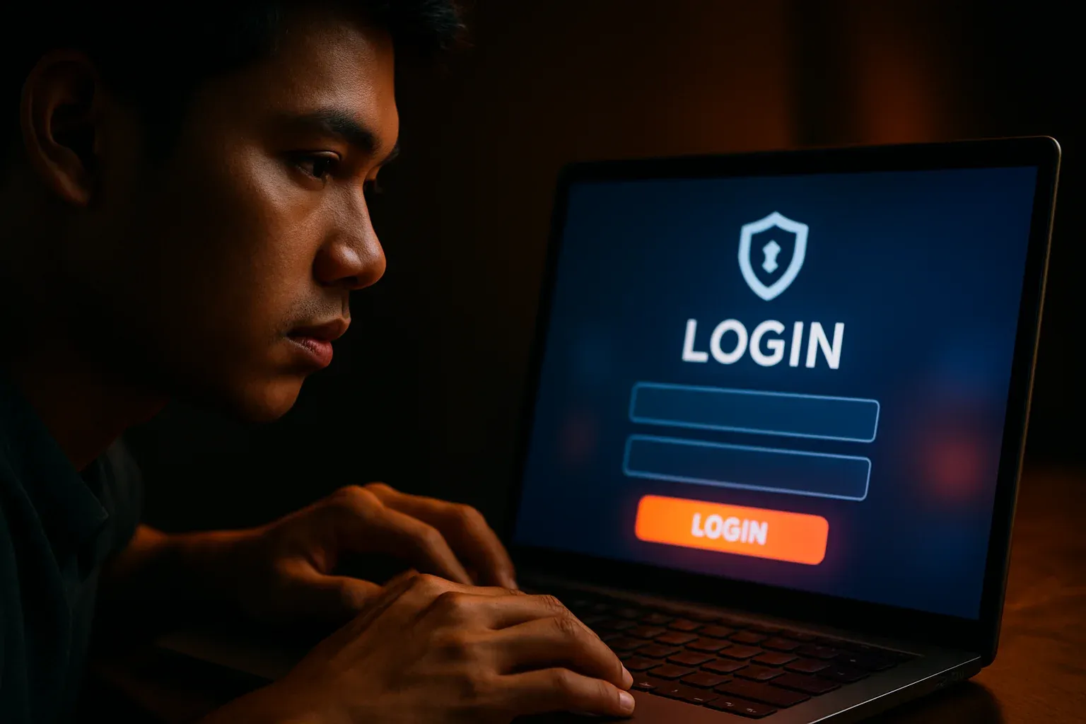 Young Filipino man's hands on laptop showing bold LOGIN screen