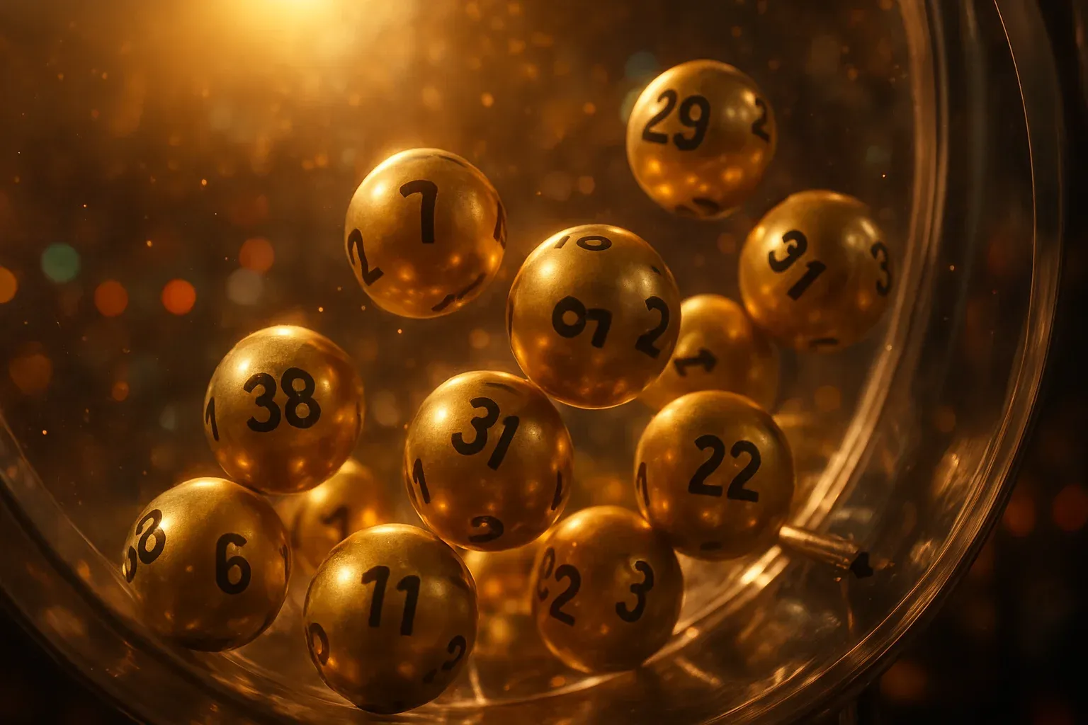 Glowing golden lottery balls tumbling inside a transparent draw machine