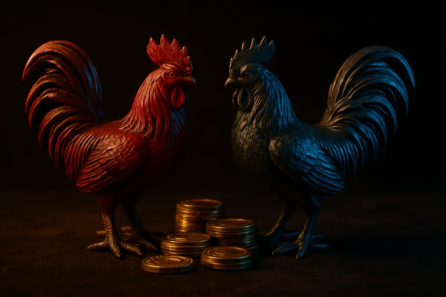 Decorative fighting-rooster statuettes with casino chips on dark velvet surface