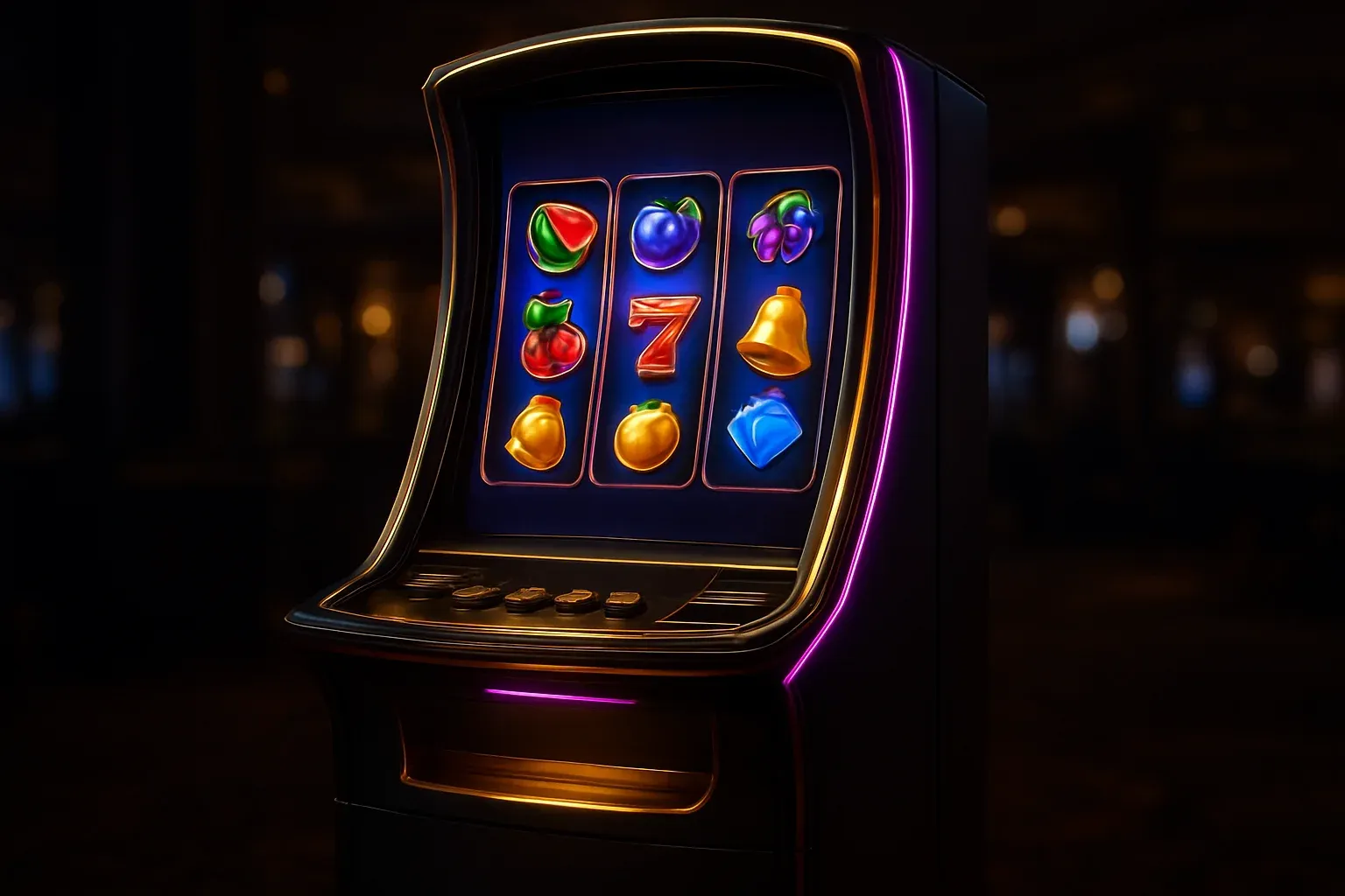 Complete premium slot machine on luxury casino floor with three vertical reels